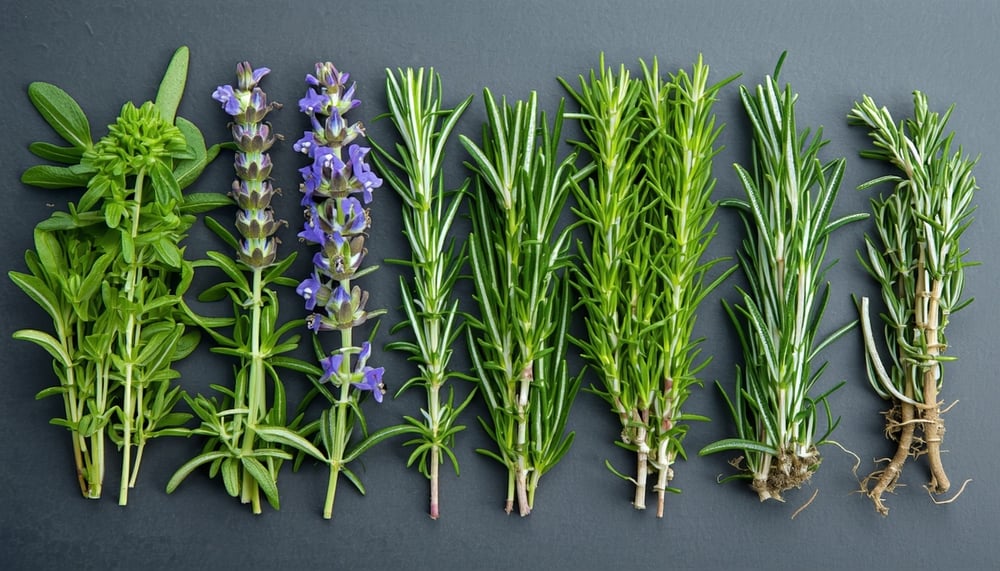 Variedad de hierbas aromáticas y cultivos exóticos frescos para cocina gourmet
